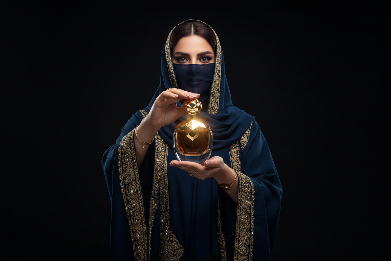 une femme type arabie saoudite de dubai qui montre un parfum en avant. Le fond de l'image sera noir